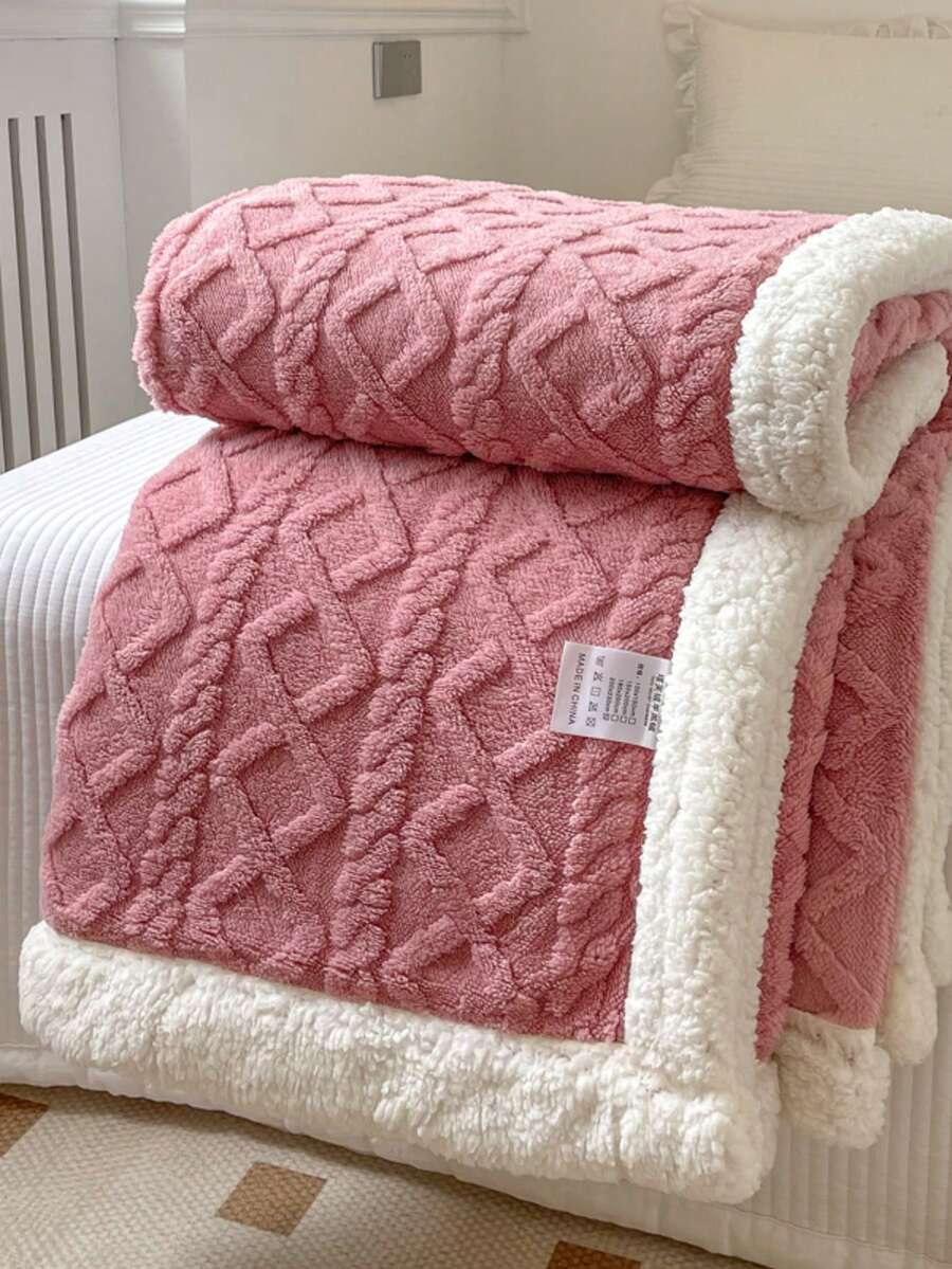 1pc Reversible Bed Blanket/Sofa Throw - Thickened All-Season Geometric Rhombus Pattern Blanket, Black Comfortable Blanket, Machine Washable, Suitable For Bed, Sofa Or Home Decor, Multi-Functional Comfortable Item, Textured Pattern, High-Quality Textile Back To School; School Supplies, Dorm Bedding - Pink - View 1