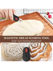 1件升级版磁性酸面包割纹刀 - 含6个刀片，多功能面包割纹刀，专业面包割刀，适用于酸面包烘焙和面包制作 - 附带割纹图案手册和刀片