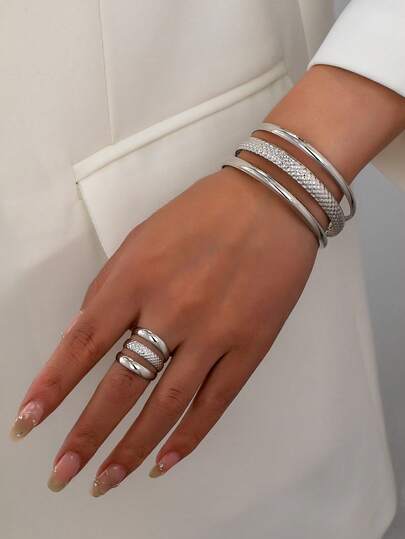 2 piezas Conjunto de brazalete y anillo minimalista y voluminoso para mujer, brazalete de metal de triple línea, joyería de moda como regalo para ella