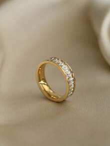 1 pieza Anillo de acero inoxidable con baño de oro de 18K y circonita cúbica, joya de mano de acero inoxidable minimalista y simple, adecuado para uso diario de mujeres, regalo