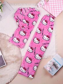 SANRIO 两件套三丽鸥可爱柔软毛绒睡衣，卡通印花加厚女士长袖上衣和裤子，玫红色抓绒保暖休闲家居服套装，适合春、秋、冬季穿着，卡通动漫图案，时尚派对礼物，适合送给朋友、女朋友、情侣，返校季、感恩节、新年假期，舒适保暖。 - 玫紅色 - 查看 6