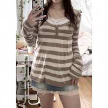 Women Babydoll Sweater Y2k Square Neck Button Front Stripe Knitted Long Sleeve Peplum Tops Fairy Grunge Flowy Tunic Tops - Màu be - Xem 3