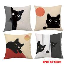 4件套简约黑猫插画靠垫套 亲肤蜜桃绒面料 单面印花 40*40/45*45/50*50CM 枕套 - 彩色 - 查看 13