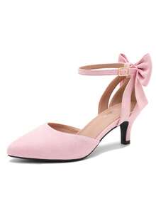 MAIERNISI JESSI Women's Wedding Evening Party Bow Kitten Heels Pumps Ankle Strap Buckle Dress Shoes - 粉色 - 查看 16