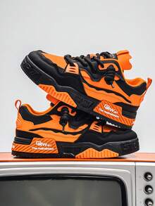 Men's New Versatile Niche Original Casual Sneakers, Thick Sole Anti-Slip Athletic Shoes, Random Graffiti Pattern - Orange - View 3