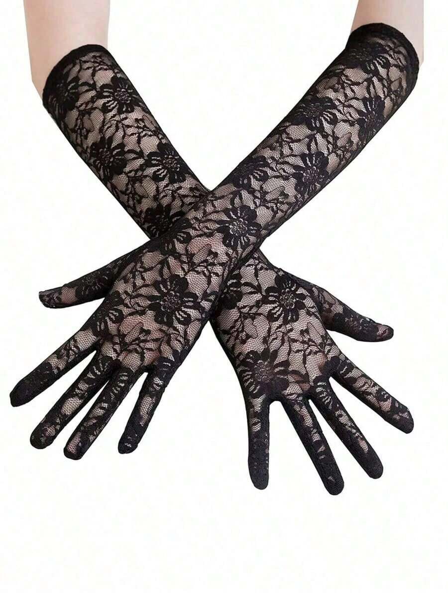 1Pair Black Lace Gloves, Elegant Tea Party Gloves, Women's Long Lace Mittens Gloves, Bridal Wedding Hand Decoration, Suitable Bachelorette Party And Wedding Decorative Gloves - 黑色 - 查看 1