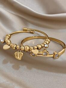 18K Gold Plated Stainless Steel Luxury Elegant Heart & Diamond Accent Bangle Bracelet Set For Women, Sweet Romantic Jewelry Mom Gift Christmas Thanksgiving Halloween Wedding Rave/Prom/Party/Daily Accessories Gift For Anniversary Valentine's Day Boho Jewelry Birthday Bridesmaid Gifts