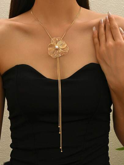 1 pieza Elegante collar en forma de Y para mujeres, diseño de flor geométrica de 5 pétalos minimalista de metal con centro rosa, cadena trenzada con borla y colgante largo, adecuado para uso diario, estilo callejero, regalo