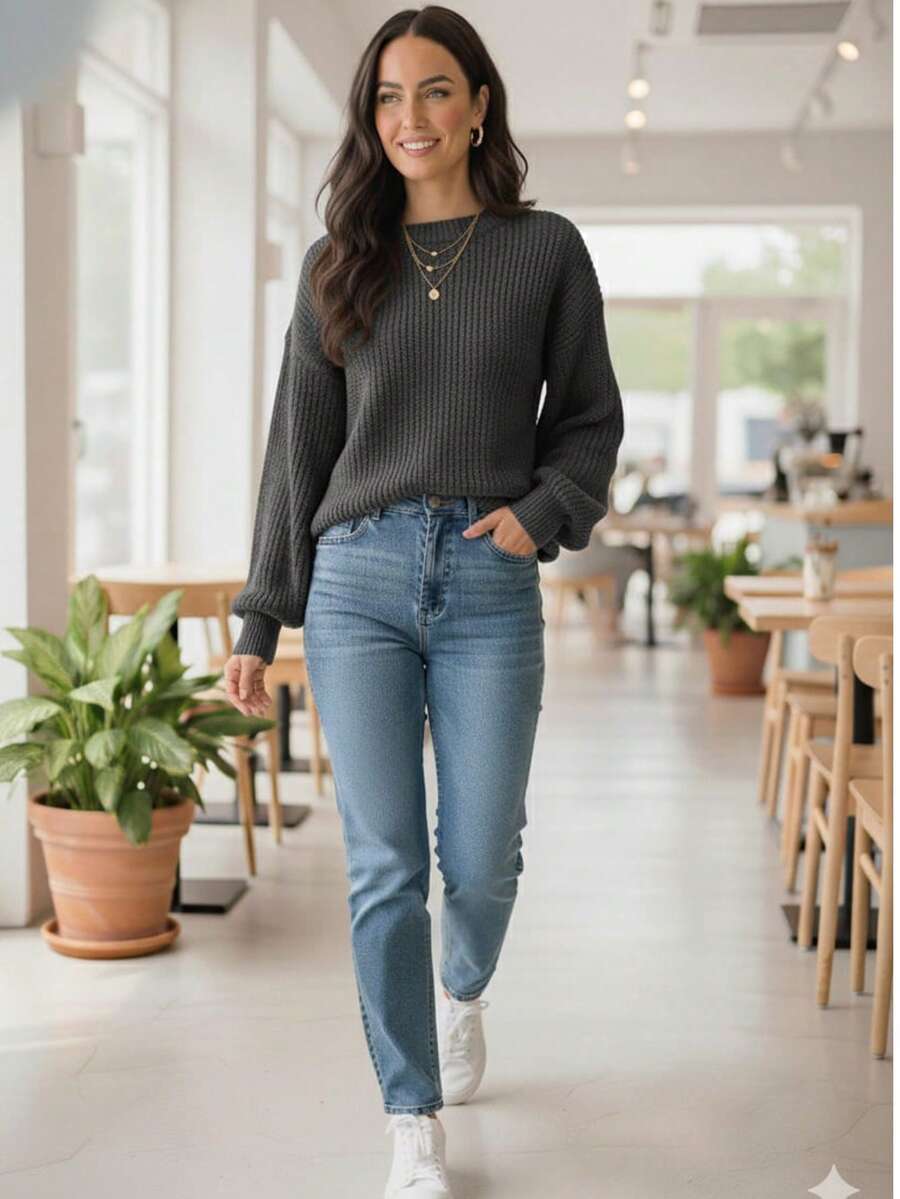 WOMEN'S KNIT SWEATER Puffed Sleeve Knitted Fang Modern Sophisticated - Than chì - Xem 1