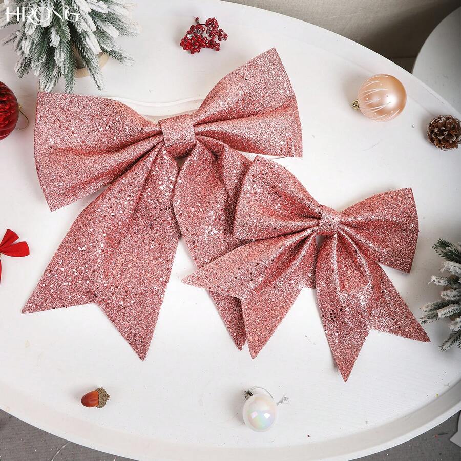 1 Set Assorted Glitter Christmas Bow Decorations - Pink/Red/Gold, Large And Small, Sizes 33cm*35cm And 22cm*27cm, Approx. 55g Each, Suitable For Holiday Decor, Home Decor, Christmas Decor, Room Decor, Winter Christmas Decor, Christmas Gifts - Multicolor - View 1