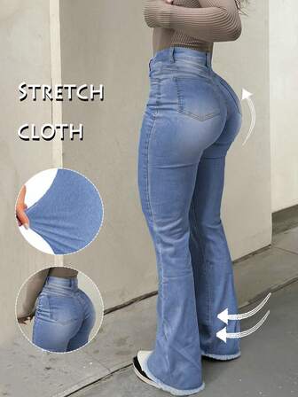 GILIPUR Y2K Bootcut Blue Women Jeans Solid Color High Slim Fit Waist Stretch Casual Versatile Streetwear 2000s Style Fall Clothes Outfits Vintage Clothes Going Out Outfits Perfect For Christmas Outfits Valentine's Day Winter Holiday Gifts Appears Refined But Relaxed Ideal For Fancy Banquets, Casual Dinners, And Concert Nights