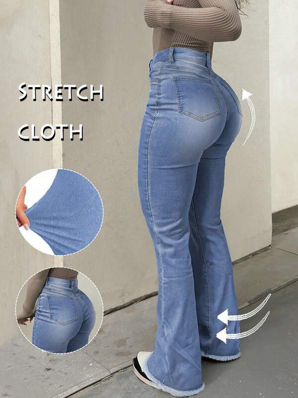 Y2K Bootcut Blue Women Jeans Solid Color High Slim Fit Waist Stretch Casual Versatile Streetwear 2000s Style Fall Clothes Outfits Vintage Clothes Going Out Outfits Perfect For Christmas Outfits Thanksgiving Winter