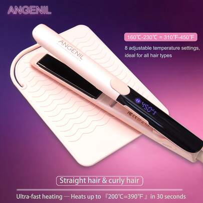 ANGENIL 钛金直发卷发二合一美发器，耐热硅胶双电压直发器，离子陶瓷粉色直发器，带耐热硅胶垫，面部清洁刷