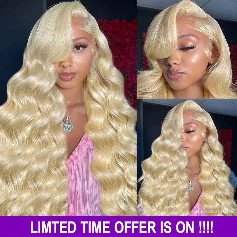 13x4蕾丝前假发，200%密度，613号金色混色，34英寸水波纹蕾丝前假发，预拔毛棕色假发，原生发，预拔毛带婴儿绒毛，女士高密度巴西原生发，10-14英寸波波头假发 - S613 - 查看 1