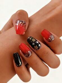 1pc Christmas-Style Self-Adhesive Full-Coverage Nail Sticker, With Golden Elk Snowflake Shiny Patterns, Perfect Christmas DIY Nail Styling