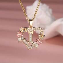 Heart Letter Rose Flower Necklace, Women's Fashion Pendant Valentine's Day Gift - I - 查看 12