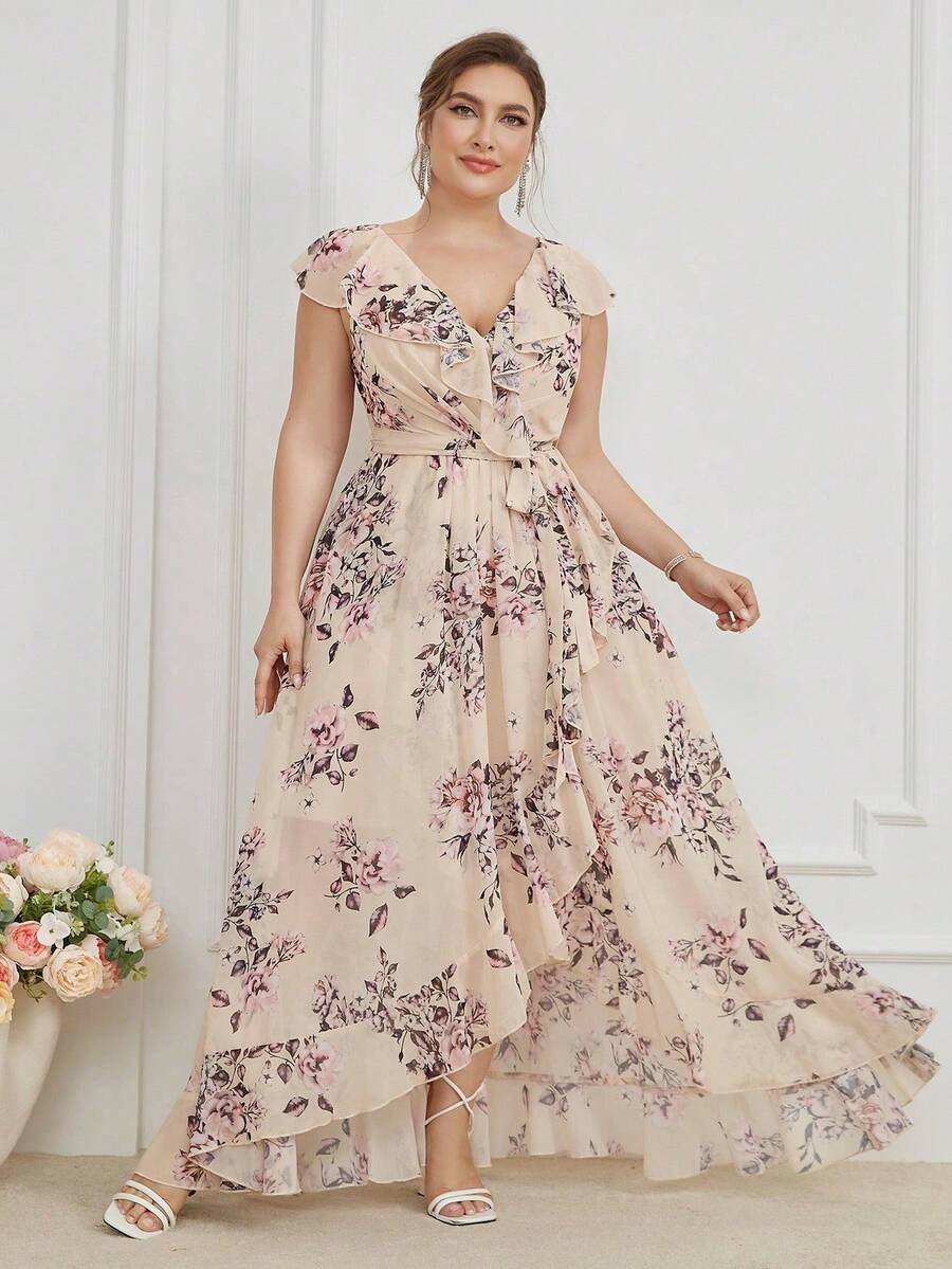 UNITHORSE V-Neck Floral Lace Trim Detachable Tie Asymmetrical Ruffle Hem Print Bridesmaid Dress - Apricot - View 1