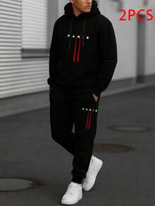 PARIS Letter Print- 2 Piece Set New Mens Graphic Hoodie Set For Slight Stretch - Spring Fall/Winter Casual Essentials | Machine Wash.Black Fitness Apparel For Men, Set For Running Gear, Sporty Design, Gym Enthusiasts. - 巴黎 - 查看 2