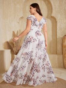 UNITHORSE Non-Positioning Flower V-Neck Ruffle Collar Detachable Tie Asymmetrical Ruffle Hem Printed Bridesmaid Dress - White - View 2