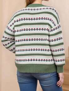 Women Knit Cardigan Long Sleeve Button Closure Flower Fall Casual Jacket Sweater - Green - View 2