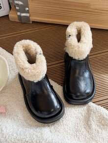 1 Pair 2025 Winter New Kids Waterproof Anti-Slip Faux Fur Snow Boots, Thick Thermal Lined Girls Winter Boots, Warm Leather Boys Boots, Fashionable Baby Boots