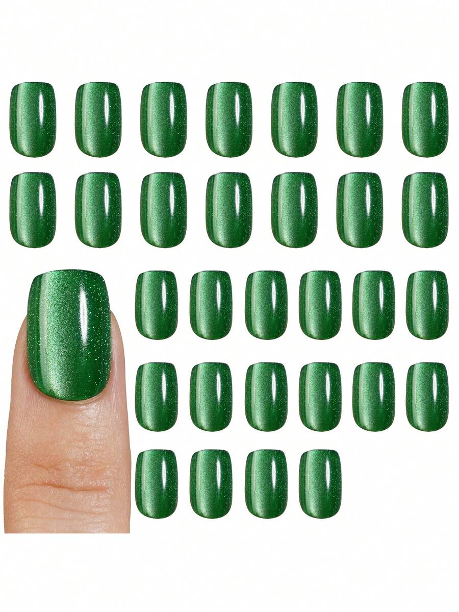 30 móng tay giả acrylic ngắn hình vuông/hình hạnh nhân màu hồng bóng, hiệu ứng mắt mèo, móng giả thiết kế mắt mèo chuyển màu bóng bẩy, phù hợp cho các lễ hội, thường ngày, sinh hoạt hàng ngày, trang trí móng tay mùa xuân/hè. - màu xanh lá - Xem 1