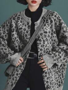 Alicedudu Cardigan col rond vintage à imprimé léopard pour femmes, automne/hiver