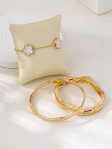 3件时尚简约幸运草和几何波浪手链套装 - 金黃色 - 查看 6