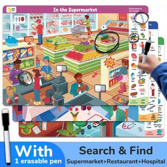 3pcs Search & Find Posters, Fun Focus Training Games, Big And Vibrant Pictures, Educational, Erasable Cards Toy, Interactive Drawing Game, Birthday Gift,Supermarkets, Hospitals, Restaurants