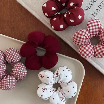 1pc Sweet Floral Scrunchie Bow Plaid Hair Tie Ponytail Holder, Creative Fashion Cute Casual Everyday Wear Hair Accessory, Suitable For Home, Outdoor, Date ,Ponytail Holders ,Hair Elastics ,Hair Rubber Bands ,Hair Rope