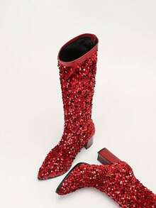 时尚简约黑色百搭女士高跟靴，套穿式，粗跟亮片装饰，弹力中筒尖头修身靴，适合秋冬季穿着。 - 紅色 - 查看 7