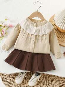 2 件套女童冬季服装针织开衫和百褶裙，可爱荷叶边毛衣夹克和裙子，儿童服装 - 卡其色 - 查看 1