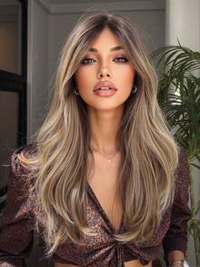 20 Inch Long Straight Blonde Wig With Bangs, Middle Part Layered, Dark Roots, Heat Resistant Synthetic Fiber Wig, Suitable For Daily Wear And Parties, 20 Inch/51cm - Multicolor - View 7