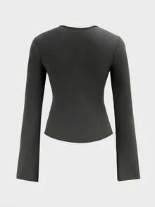 Blusa de punto de unicolor elegante y versátil con cuello asimétrico, abertura y manga acampanada para mujer, adecuada para salir de noche, vacaciones, boda, escuela, vacaciones, oficina, fiesta de cumpleaños, uso diario, Acción de Gracias, Año Nuevo, Día de San Valentín, manga larga - Gris Oscuro - Ver 8