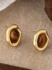 1 Pair Vintage French Style Round Faux Tiger Eye Stone Maillard Clip-On Earrings, Minimalist Geometric Design For Non-Pierced Ears - Yellow Gold - View 7