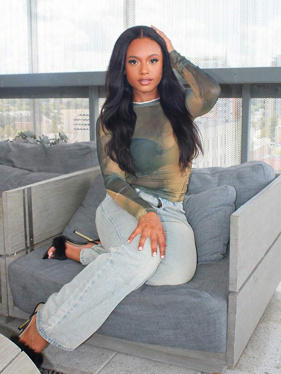 Steph T Áo lưới mỏng nhuộm loang không áo ngực, áo đi chơi lễ hội, quần áo mùa thu, áo dài tay cho nữ - Nhiều màu - Xem 1