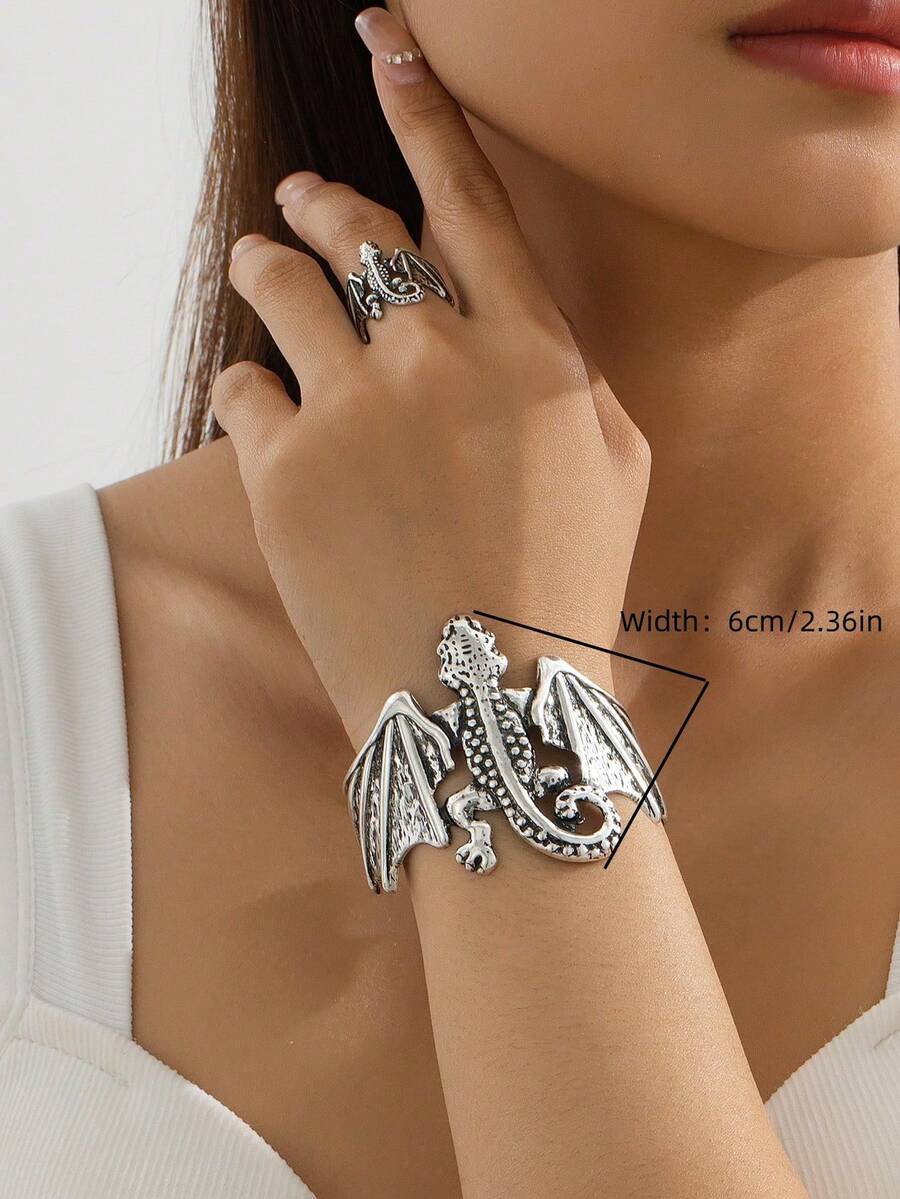 2pcs/Set Punk Style Metal Material Plus Size Open Bangle & Open Ring Jewelry Set, Vintage Distressed Finish For Women - Set - View 1