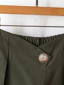 纯色纽扣褶裥装饰拉链办公复古军绿色长裤，金属山茶花纽扣，交叉腰设计复古优雅撞色梭织褶皱阔腿女裤，秋冬春季 - 軍綠色 - 查看 4