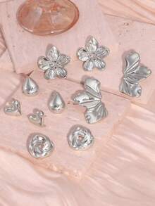 1/5 Paar modische, leichte ABS-Kunststoff-Ohrringe/Ohrstecker mit glatten 5-Blüten-Blumen, Blättern, Tropfen, kreisförmigen Elementen und Herzformen, geeignet für den täglichen Gebrauch von Frauen, tolles Geschenk für Freunde und Familie (kostengünstiges Material) - Silber - Übersicht 6