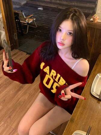 复古美式休闲女孩露肩毛衣，女士宽松针织上衣，秋冬