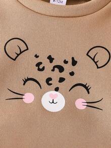 Baby Girl Brown Cat Print Sweatshirt And Leopard Print Straight Pants Set, Autumn/Winter