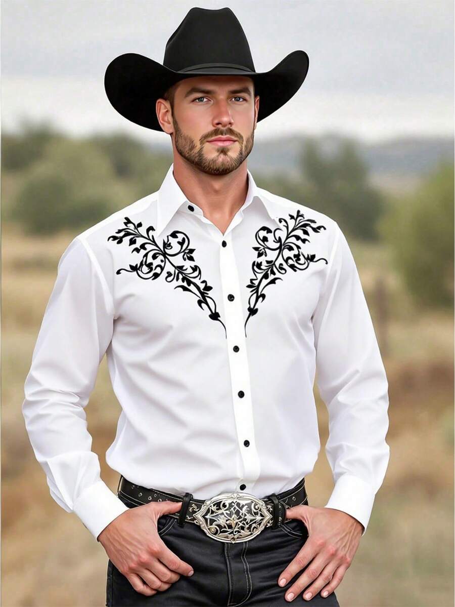 Camisa negra resistente y versátil para hombres, que desbloquea el encanto del vaquero occidental, camisa de manga larga estampada para hombres, y elegante, que enciende el ambiente callejero, otoño