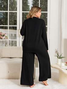 2-delat plusstorleksset för kvinnor, långärmad t-shirt och vida byxor, höst/vinter - Svart - Visa 5