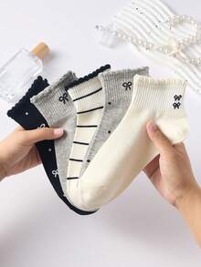 5 pares de calcetines de media caña para mujer con estampado floral y de lazo, aptos para todas las estaciones, colores aleatorios - Multicolor - Ver 6