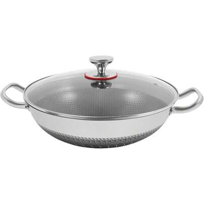 OUKANING 34cm Edelstahlpfanne, Antihaftbeschichtete Bratpfanne Wokpfanne mit Deckel Gehärtetes Glas, Kochpfanne Schmorpfanne für 3-4 Personen für Gasherde, Induktionsherde, 33.5 * 9.4cm