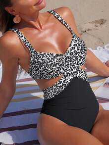 Swim Lushoire 2 Peças Maiô Estampado de Onça com Decote Halter e Costas Abertas para Mulheres, Férias na Praia de Verão