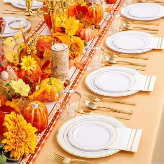 2/5/10/20/40/50 piezas Platos reutilizables de 10.25 pulgadas con borde dorado, diseño blanco y dorado sencillo, ideal para fiestas elegantes, bodas, compromisos, cumpleaños, eventos, recepciones de negocios