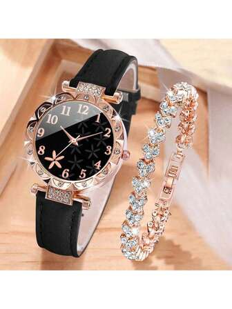 2 piezas Reloj de cuarzo casual de mujer con correa de piel de PU y pulsera, regalo para la pareja