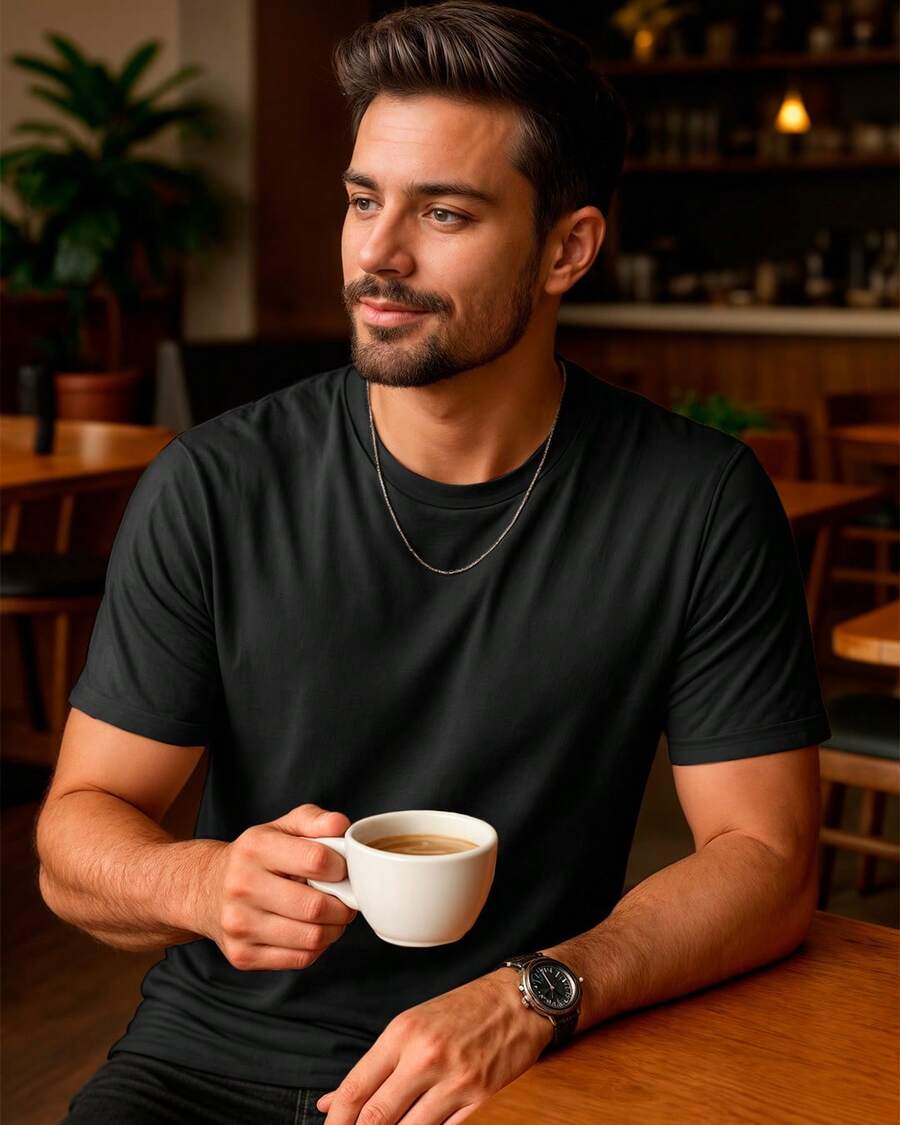 Men's Basic 100% Cotton T-Shirt With Shoulder-To-Shoulder Reinforcement, Plain, Casual Fit - 黑色 - 查看 1