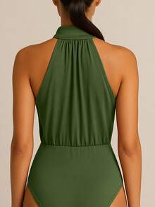 Women's Bodysuit With High Neck Draped, Fresh And Stylish - 軍綠色 - 查看 2